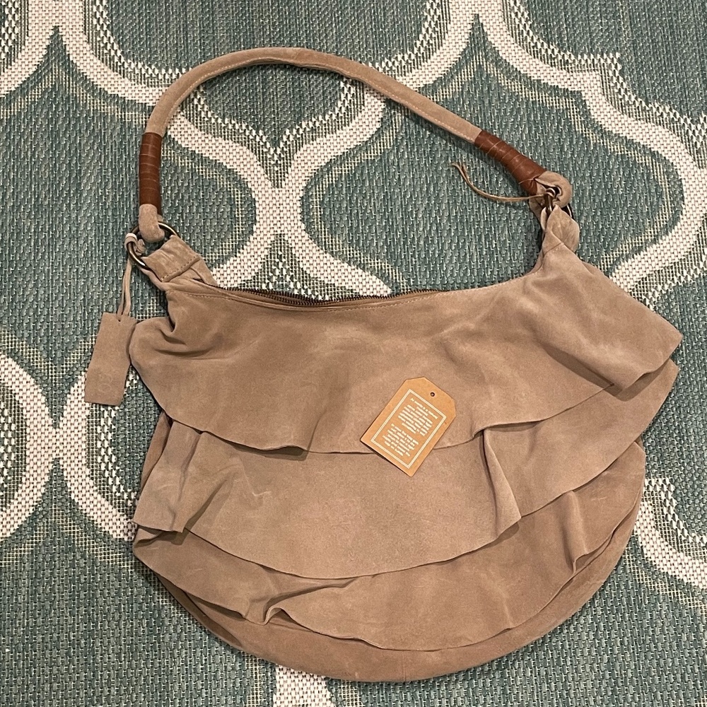 Brand New Large Tan Suede Ruffle Hobo Purse!